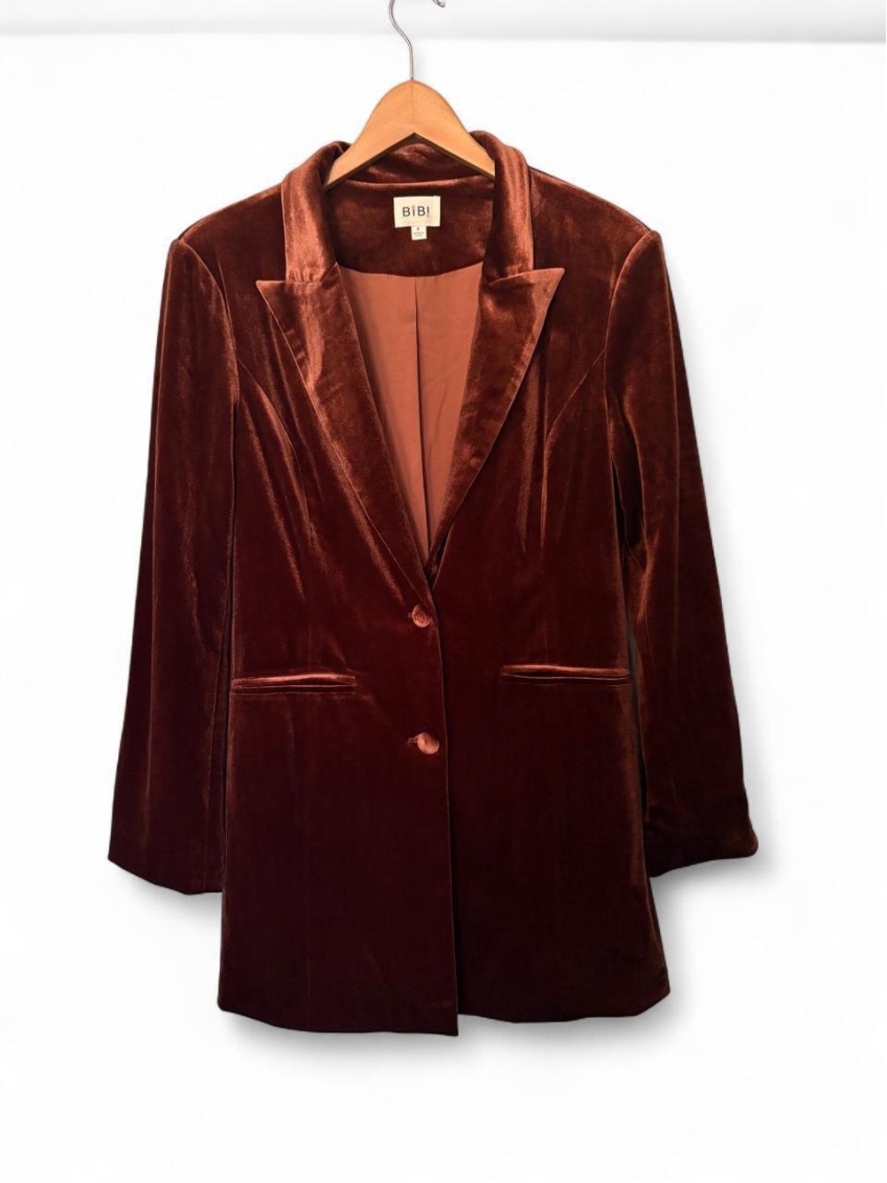 Bibi warm brown velvet long blazer with satin lining. Size S Dark Academia